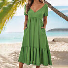 Summer Womens Solid Short Sleeve Pencil Ruffled Dress V-Neck Midi Dresses Beach
