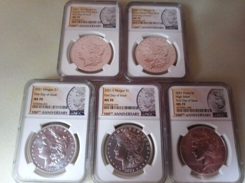 2021 MORGAN & PEACE SILVER DOLLAR NGC MS70 FIRST DAY OF ISSUE-  5 COIN SET