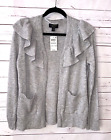 NWT $189 CHARTER CLUB  Size M 100% Cashmere Ruffle Trim Cardigan Sweater Grey QQ