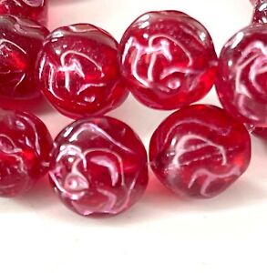 10mm Rose Beads, Transparent Ruby Red w/Metallic Pink Wash, 12 Pcs