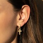 Real Solid 925 Sterling Silver Cross Earrings Mens Ladies 14K Gold Plated CZ
