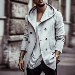 Mens Fashion Hooded Trench Outwear Woolen Double-Breasted Jacket Overcoat Casual