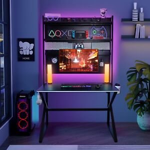 ELECWISH Gaming Desk RGB Lights Computer Table with Hutch & Shelves Workstation