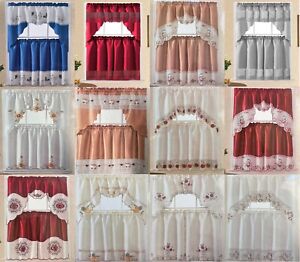 Embroidery Kitchen Curtain 3PC Set Swag and 34 inches Long Tiers Set