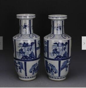 New ListingA Pair Rare Chinese Antique Qing Dynasty Blue&white Porcelain Figure Vase