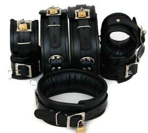Cow Hide Leather Wrist Ankle Thigh Cuffs Neck Collar with Hogtie 4, 7 Pieces Set