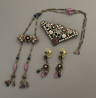 SWEET ROMANCE Necklace Earrings Brooch Floral Rhinestones Pink Purple Lot Of 3