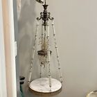 Exquisite Art Nouveau Italian Marble Table with Crystal Chandelier Swag Lamp