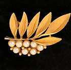 Vintage Alan J Signed ~ Faux Pearl-Gold-toned Leaf Brooch, Pin