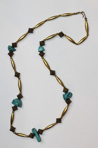 Vintage Navajo style Brass Natural Turquoise Necklace Nuggets Hook Clasp