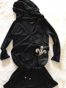 Vintage Bebe Sport Embroidered ~ 3/4 Sleeve ~ XS Drawstring Hooded Top ~ Black