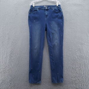 Chicos Womens Rhinestone Slim Leg Jeans 1.5 Size 10 Blue Medium Wash High Rise *