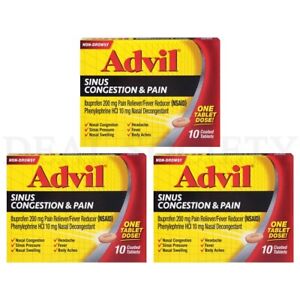 Advil Sinus Congestion and Pain with Ibuprofen 10 Tablets Each Lot of 3