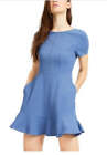 SPEECHLESS Womens Blue Pocketed Zippered Short Sleeve Jewel Neck Mini Fit + Flar