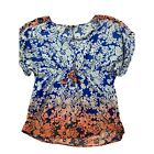 Cabi #891 Blouse Top Size Medium Blue Floral Knotted Front Short Sleeve Boho