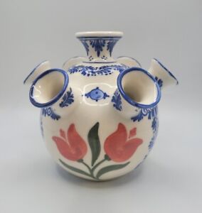 DELFT Beautifully Hand-Painted Delfleur Holland Tulip Vase • 7-Spout/Udder • Vtg