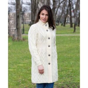 SAOL Irish Merino Wool Aran Buttons Cardigan Sweater Women Cable Knit Long Coat