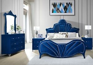 NEW SPECIAL 5 piece Modern Queen King Bedroom Set Furniture in Blue Velvet IAAY