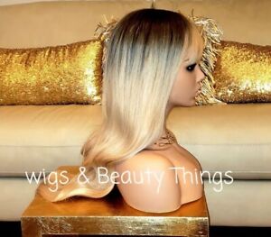 Wig Ombre Blonde Bangs Long Natural Curly Wavy Human Hair Blend Heat Resistant
