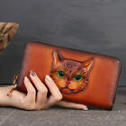 Women's Real Leather Clutch Wallet, Cute Cat Embossed Zipper Multi-Card Holder