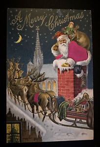 SILK Santa Claus on Snowy Roof~Reindeer~Toys~ Antique Christmas Postcard~h608