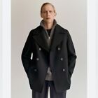 Zara Man Black Double Breasted Pea Coat Wool Blend Size small Classic Military