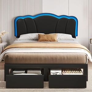 New ListingQueen Size Bed Frame with LED Headboard & Storage Drawer Faux Leather Bed Black