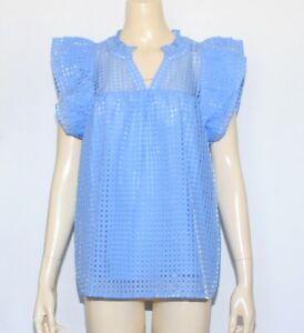 NWT Anthropologie Entro Blue Grid Print Babydoll Top Lined Flutter Sleeve Size L