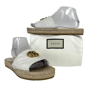 Gucci Auth 7 US 37 White Leather GG Marmont Espadrilles Slides Shoes Flats