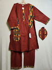 Men African Long Dashiki Pant Suit With Kente Print Patches Maroon Free Size