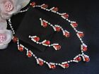 Rhinestone Necklace, Earrings ~ Orange-Red, Costume, Bridal, Prom Jewelry
