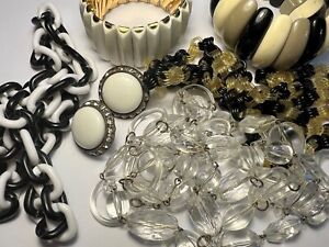 Vintage Lot of 6 Black/White Lucite 3 Necklace Japan Earrings 2 Stretch Bracelet