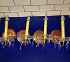 Four/2-pair of vintage rosey brass sconces brilliant crystal prisms 50B