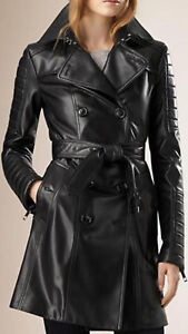 Women Black Genuine Leather  Stylish Walking Trench Coat/Winter Coat Slin Fit