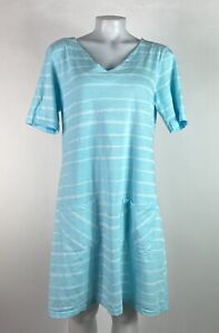 Fresh Produce Size Large Short Sleeve Blue Striped V Neck T Shirt Dress Pockets
