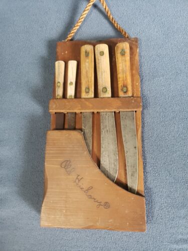 Antique Old Hickory Kitchen Knife Set with Wooden Wall Holder - Vintage Knives