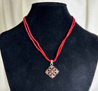 Double Strand Red Seed Bead Necklace with Faux Coral & Silver Tone Pendant - 15