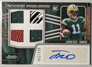New Listing2023 Panini Absolute Football Jayden Reed Rookie Premier Quad Patch Auto /199