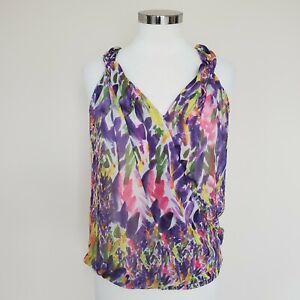 CAbi Size XS Sleeveless Tank Top V Neck Purple Pink Floral Blouse Banded Bottom