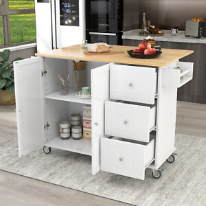 Drop Leaf Rolling Kitchen Island Trolley Cart Storage Cabinet With Spice Rack