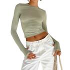 T-shirt Long Sleeve Crew Neck Solid Slim Fit Ladies Crop Top with Thumb Holes