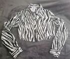 Bershka Zebra Animal Print Black White Crop Top Satin Button Collar Shirt NWT M