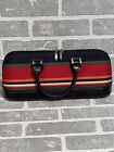 Dr Bag Style Purse Red Green Blue Striped Fabric Faux Leather Trim Handles Nice