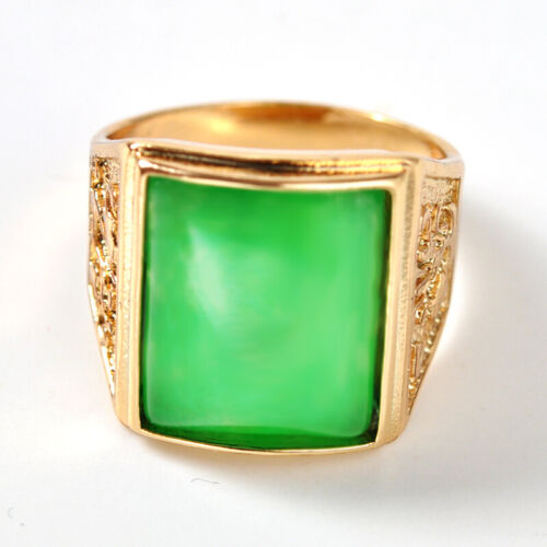 Gold Plated Men Ring Square Green Chalcedony Square Jewelry