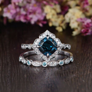 14k White Gold 3.55Ct Cushion London Blue Lab-Created Engagement Wedding Ring