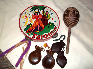 4 vtg music instruments Tambourine Maraca finger cymbals