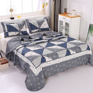 3pcs Full Queen Size Patchwork Quilt Set Floral Stitched Bedspread Coverlet