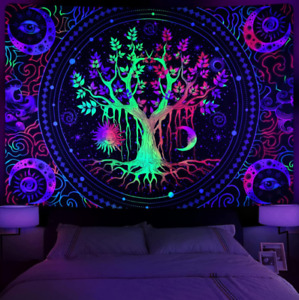 Blacklight Tree of Life Trippy Sun and Moon Wall Tapestry Uv Reactive