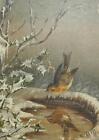 Unsigned Antique Oil on Canvas of a Winter Scene of a Bird in A Birdbath