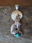 Navajo Indian Sterling Silver Hand Stamped Turquoise Wolf Pendant by Yellowhair